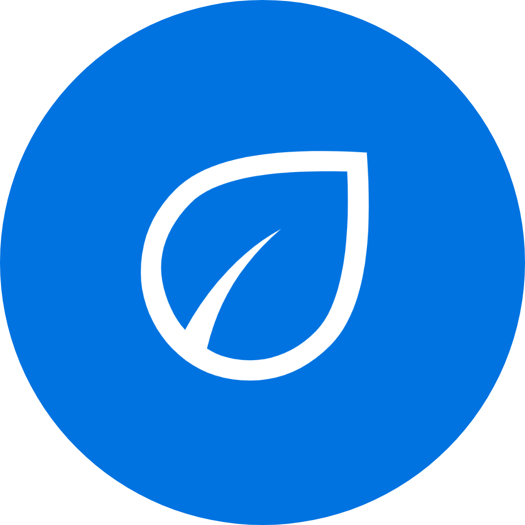 Blue circle with a white eco leaf icon.